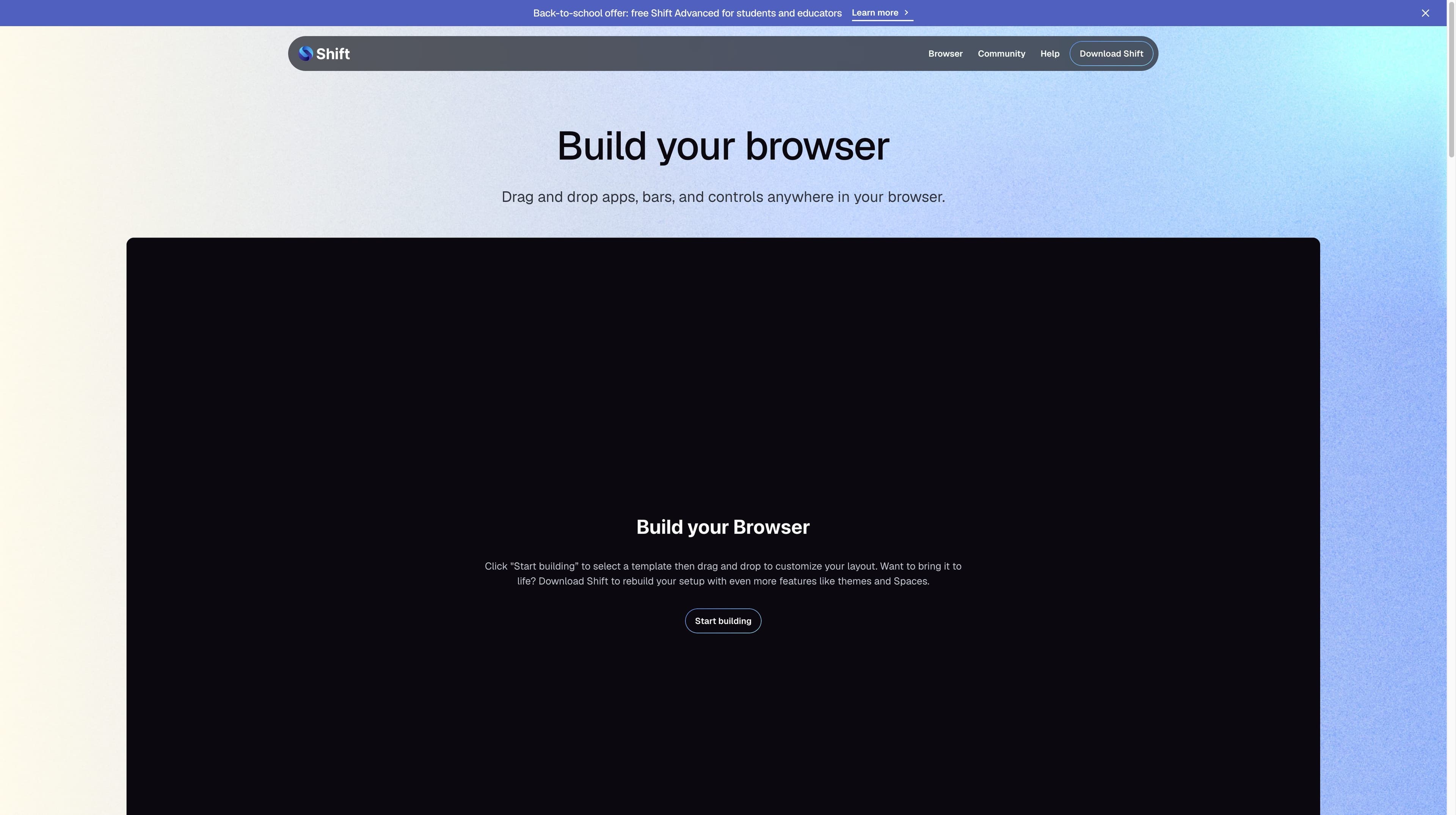 Shift official Builder page showing Build your browser, drag and drop instructions and a Start building control