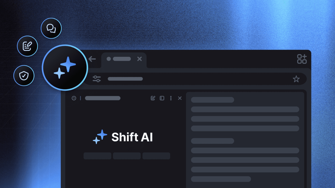 Official Shift Browser visual showing a dark browser interface with a Shift AI panel and glowing controls