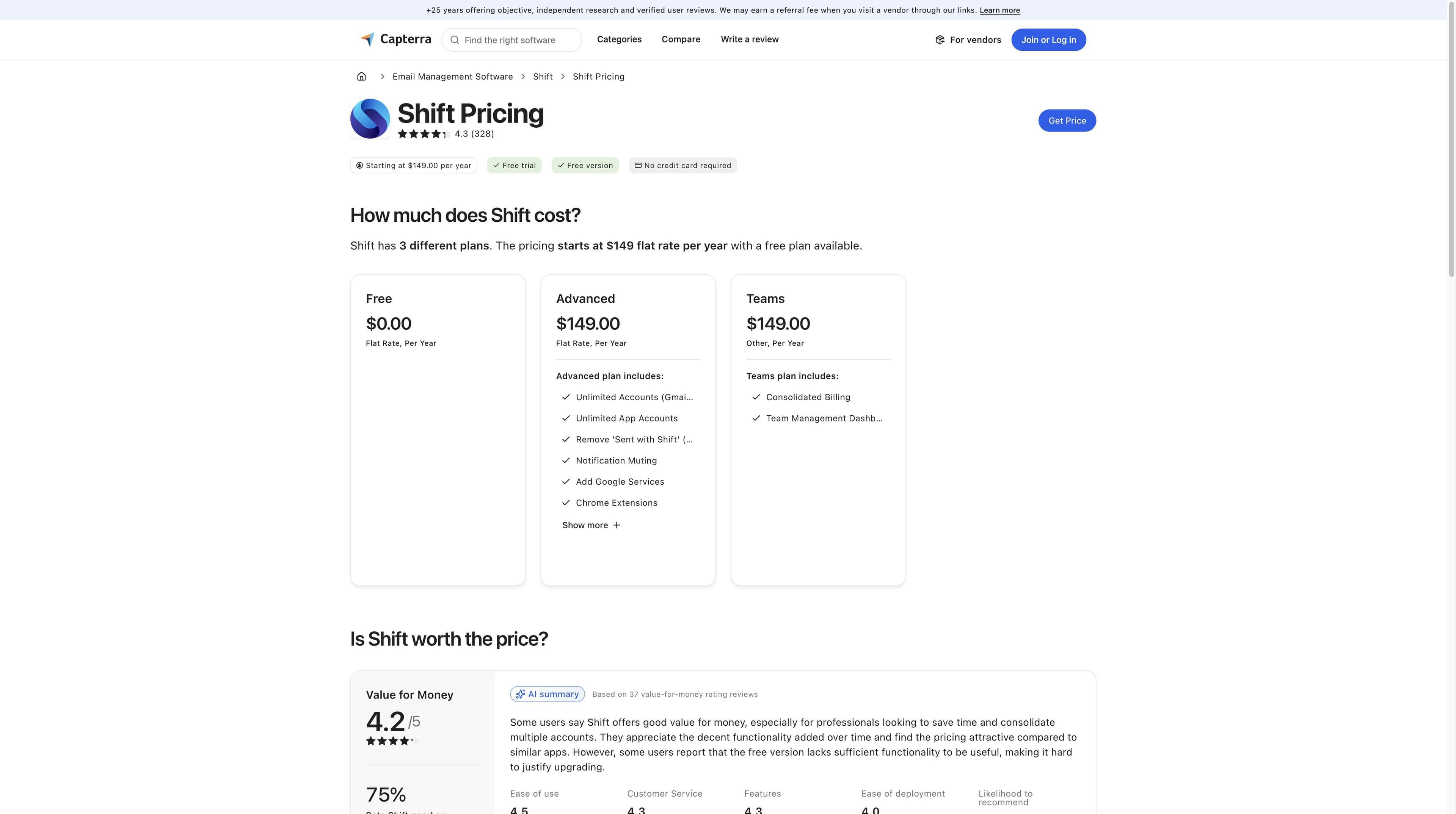 Capterra Shift pricing page showing a third-party starting price of 149 dollars per year, Free trial and plan cards