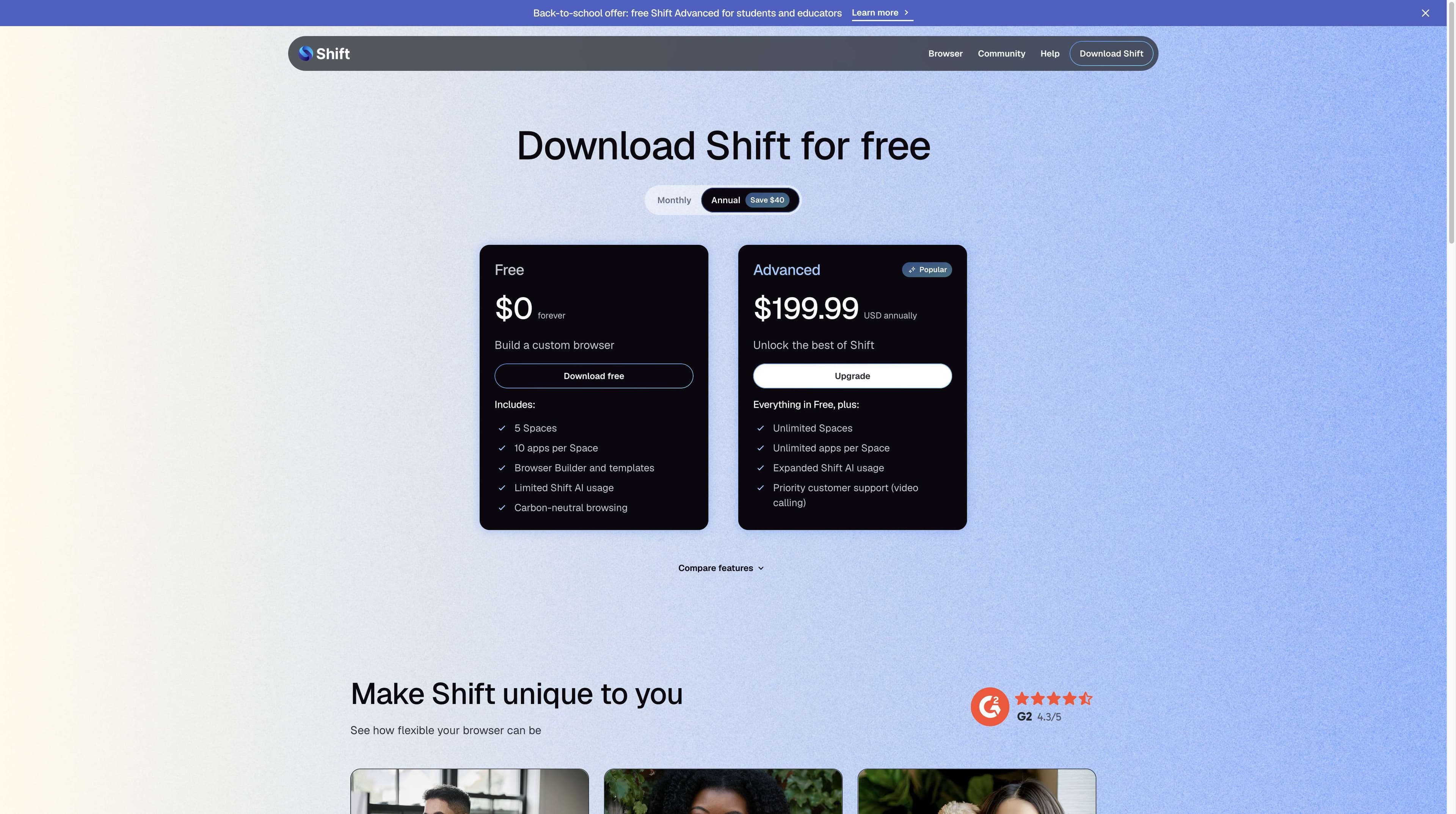 Shift official pricing page showing the annual billing toggle, Free at zero dollars and Advanced at 199.99 US dollars annually