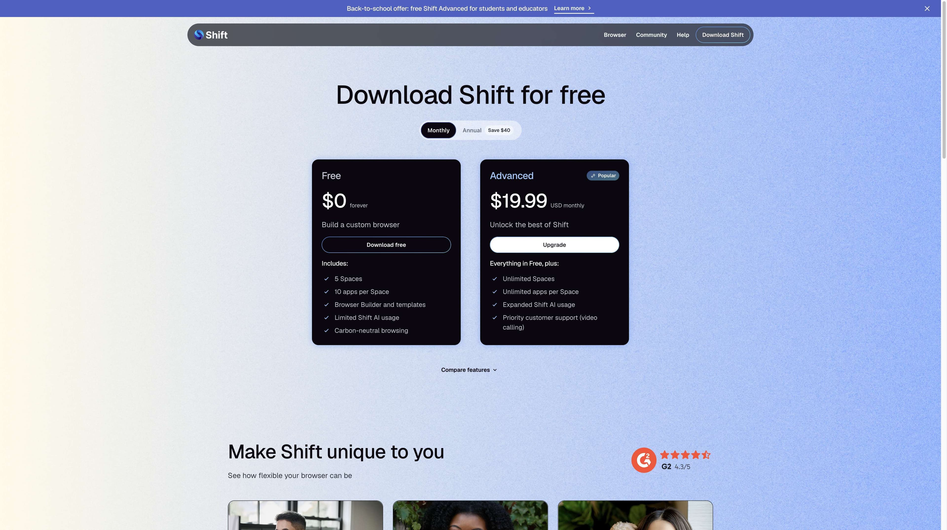 Shift official pricing page with Monthly selected, showing Free at 0 dollars forever and Advanced at 19.99 US dollars monthly