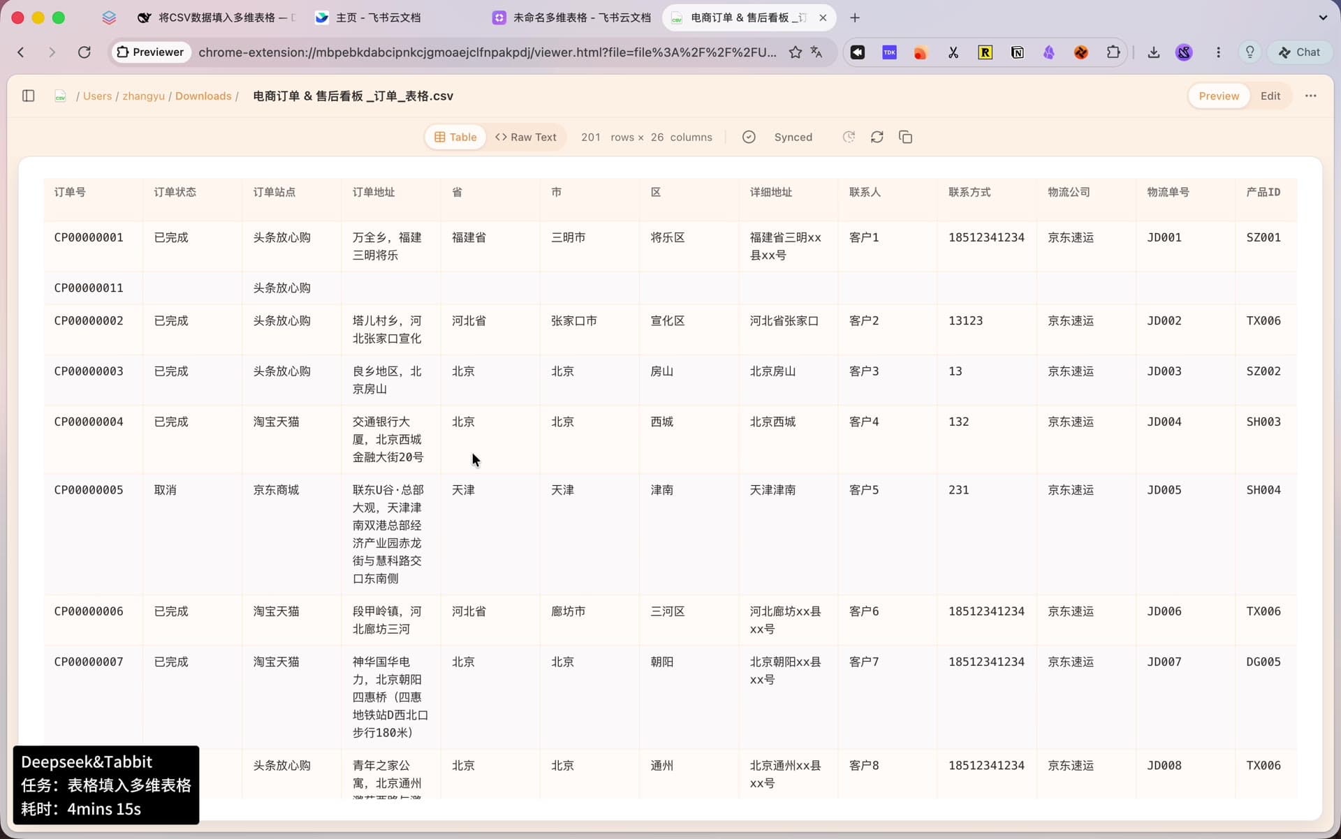 浏览器中预览源文件《电商订单 & 售后看板_订单_表格.csv》：201 行 × 26 列，包含订单号、订单状态、订单站点、省市区、详细地址、联系方式、物流公司等列。