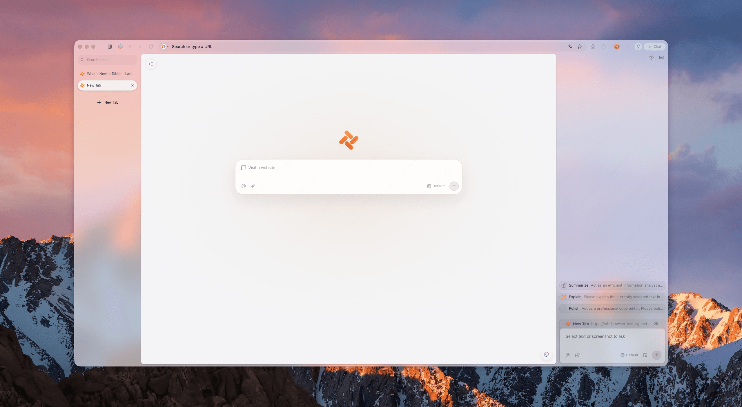 Tabbit Browser new tab page on a desktop, showing a clean AI-native browser interface