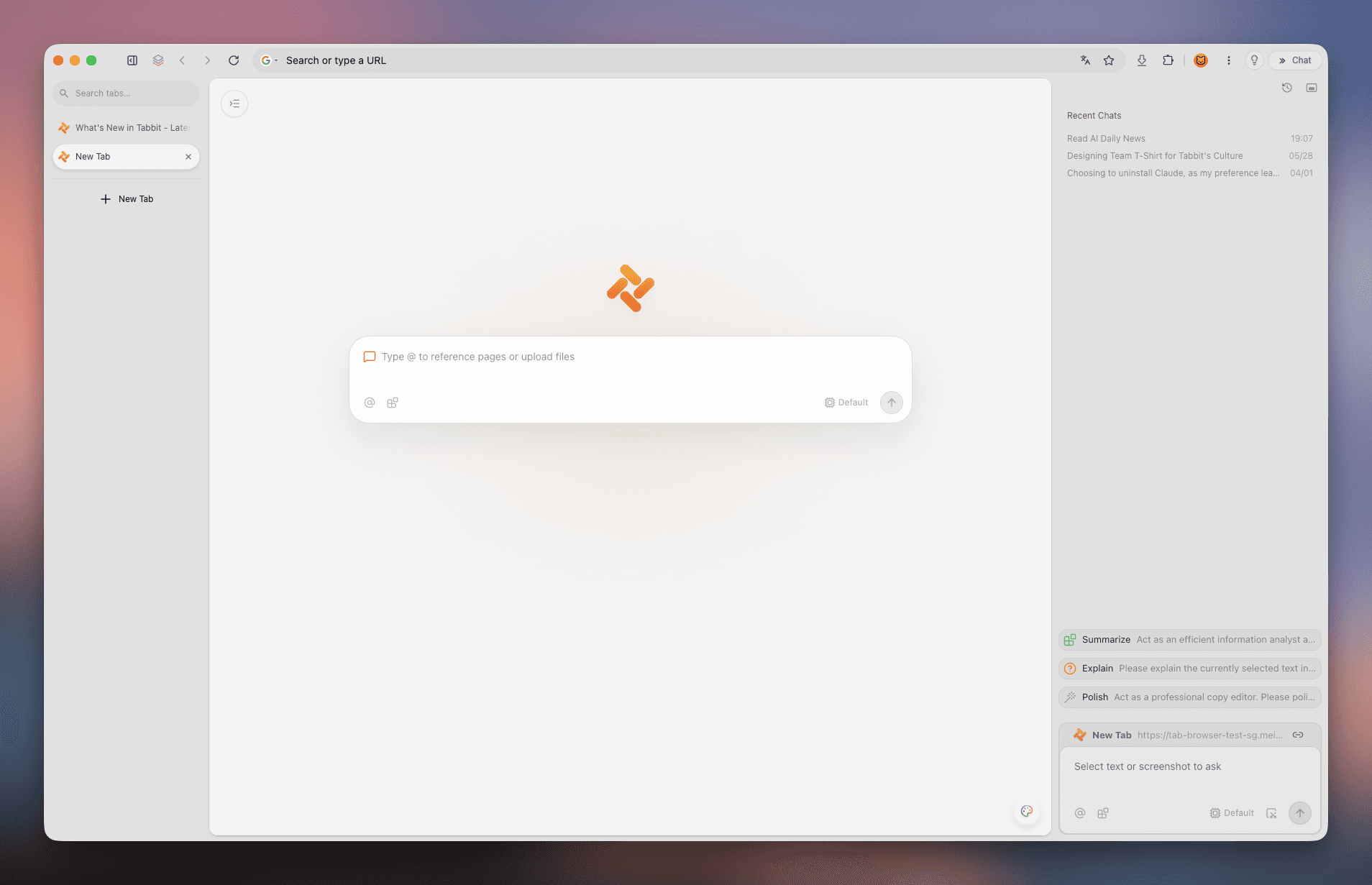Tabbit Browser new tab page with vertical tabs, an AI command box, and page tools in the right sidebar