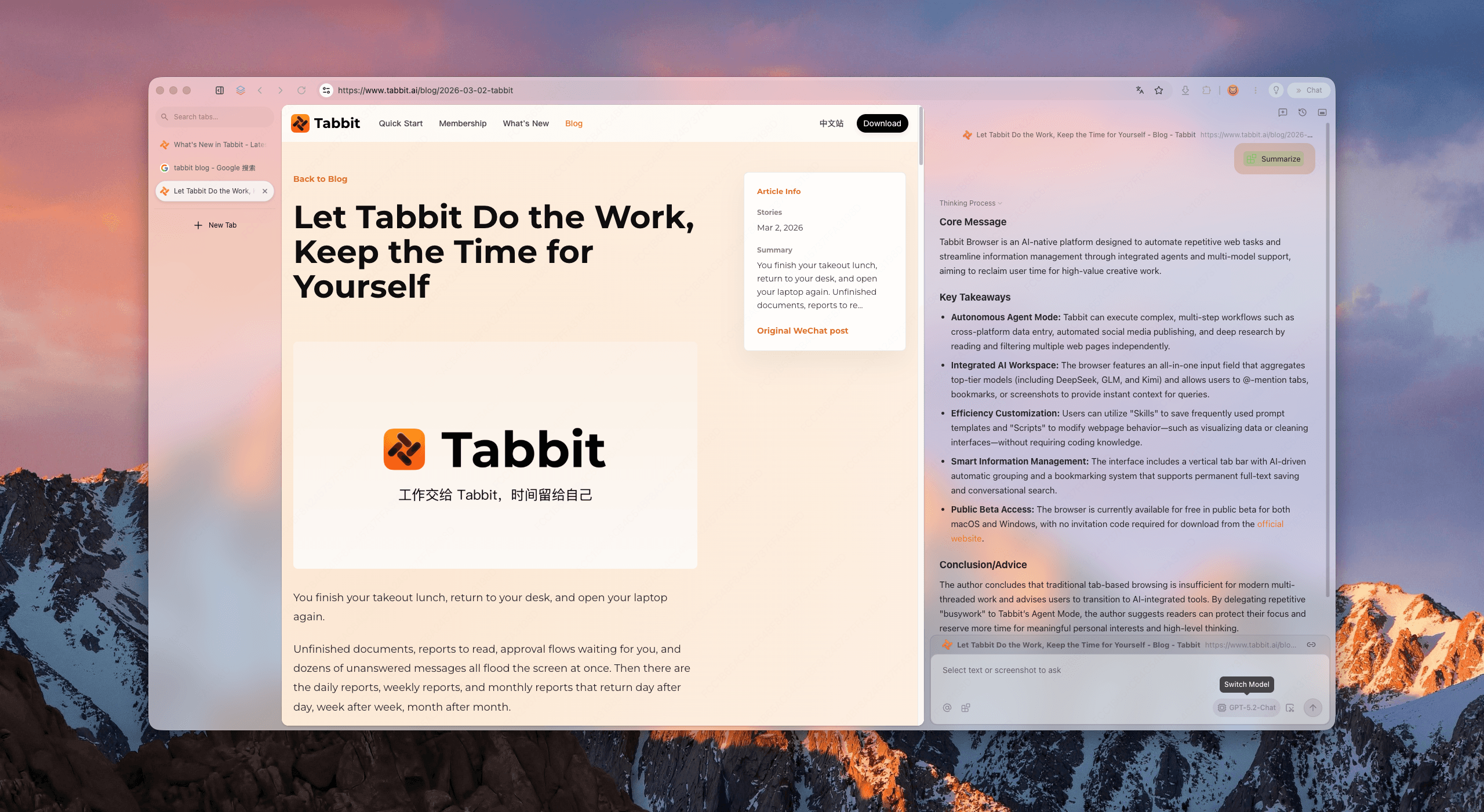 Tabbit Browser showing an article open with an AI summary sidebar that references the current page