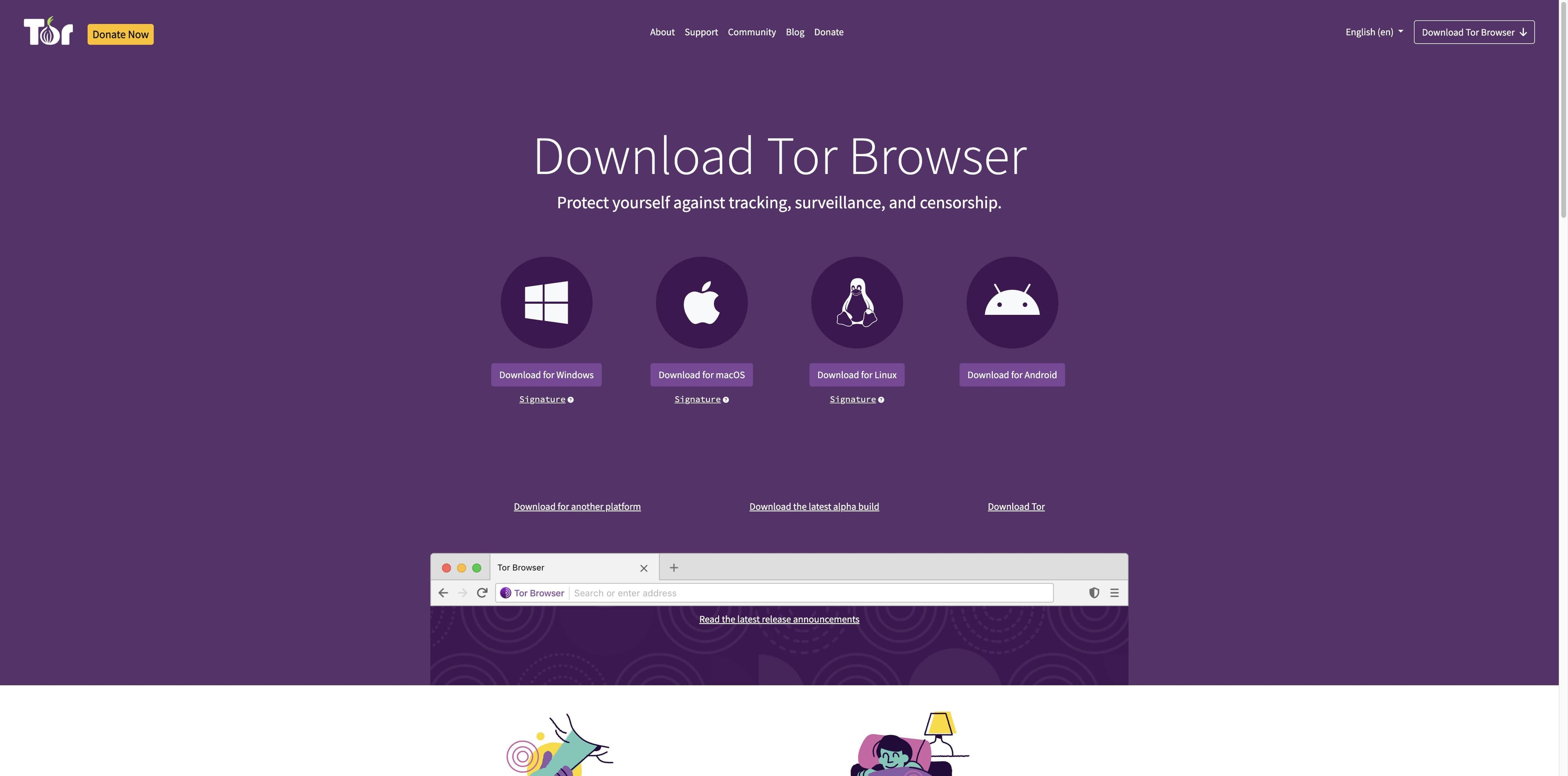 Tor Project official download page showing Windows, macOS, Linux and Android platform buttons.