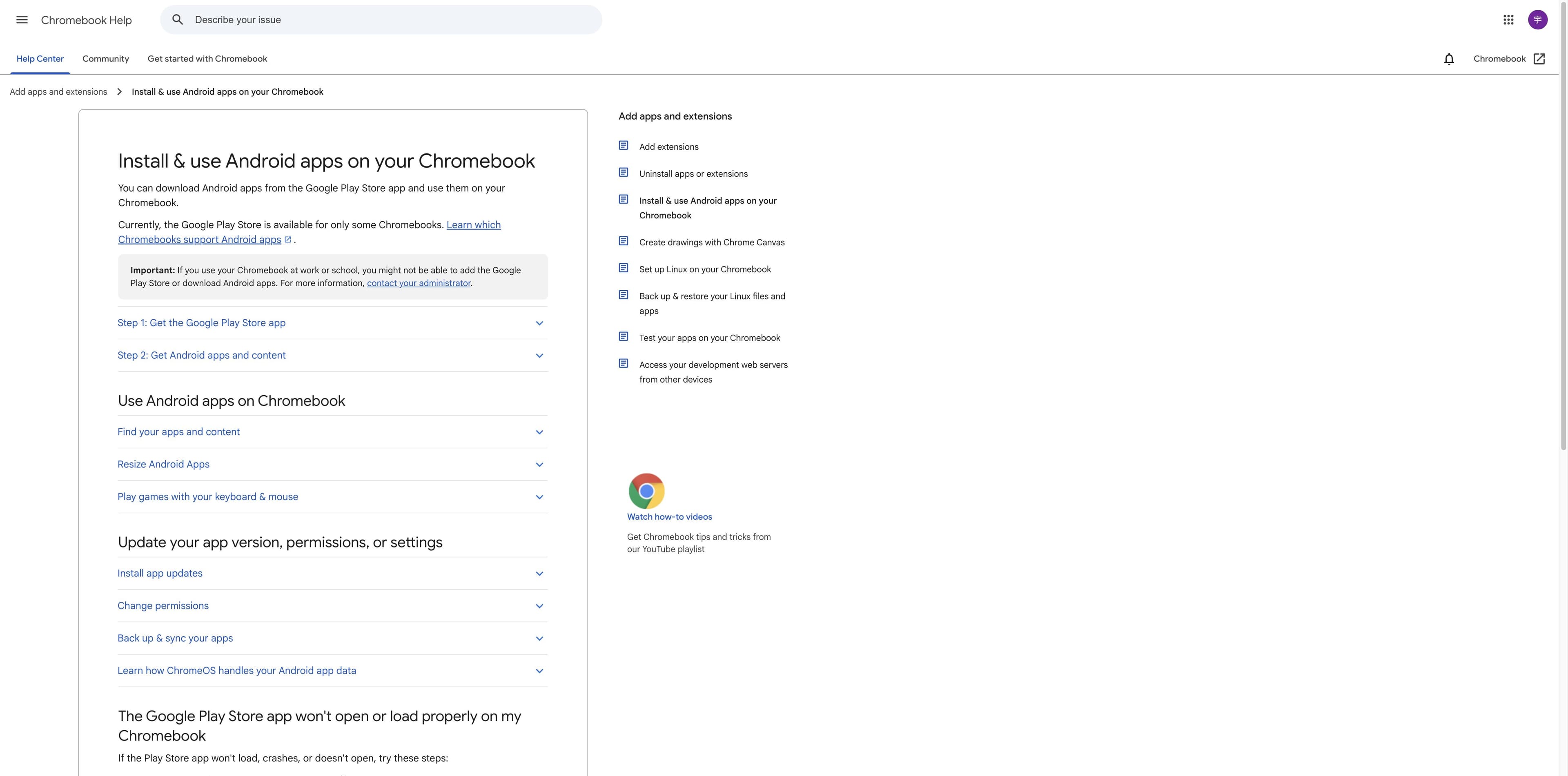 Página de Google Chromebook Help que muestra que Android solo está disponible en algunos Chromebook y la advertencia para dispositivos administrados.