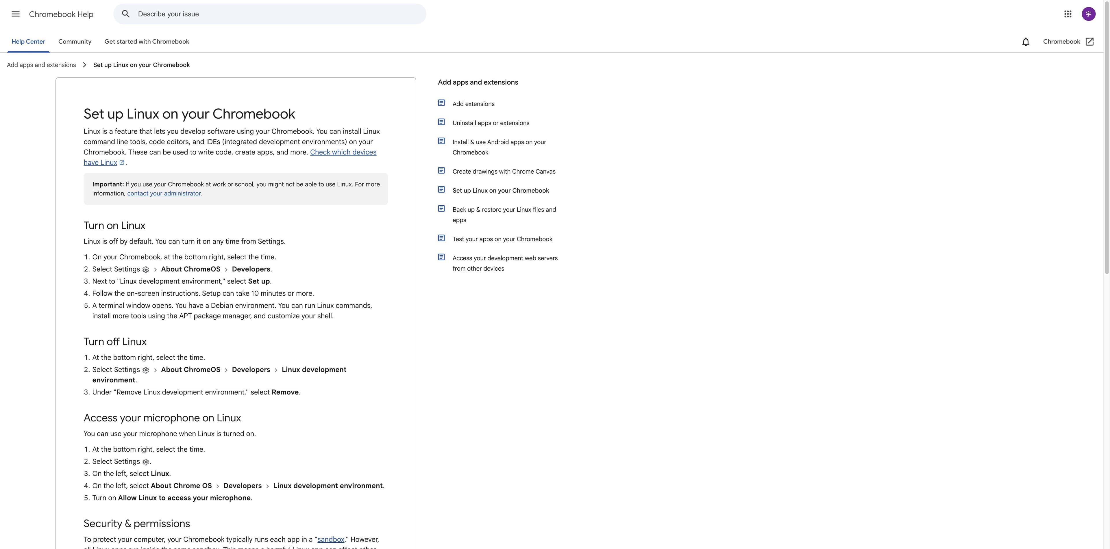 Página de Google Chromebook Help con la ruta para configurar Linux y la advertencia sobre administradores.
