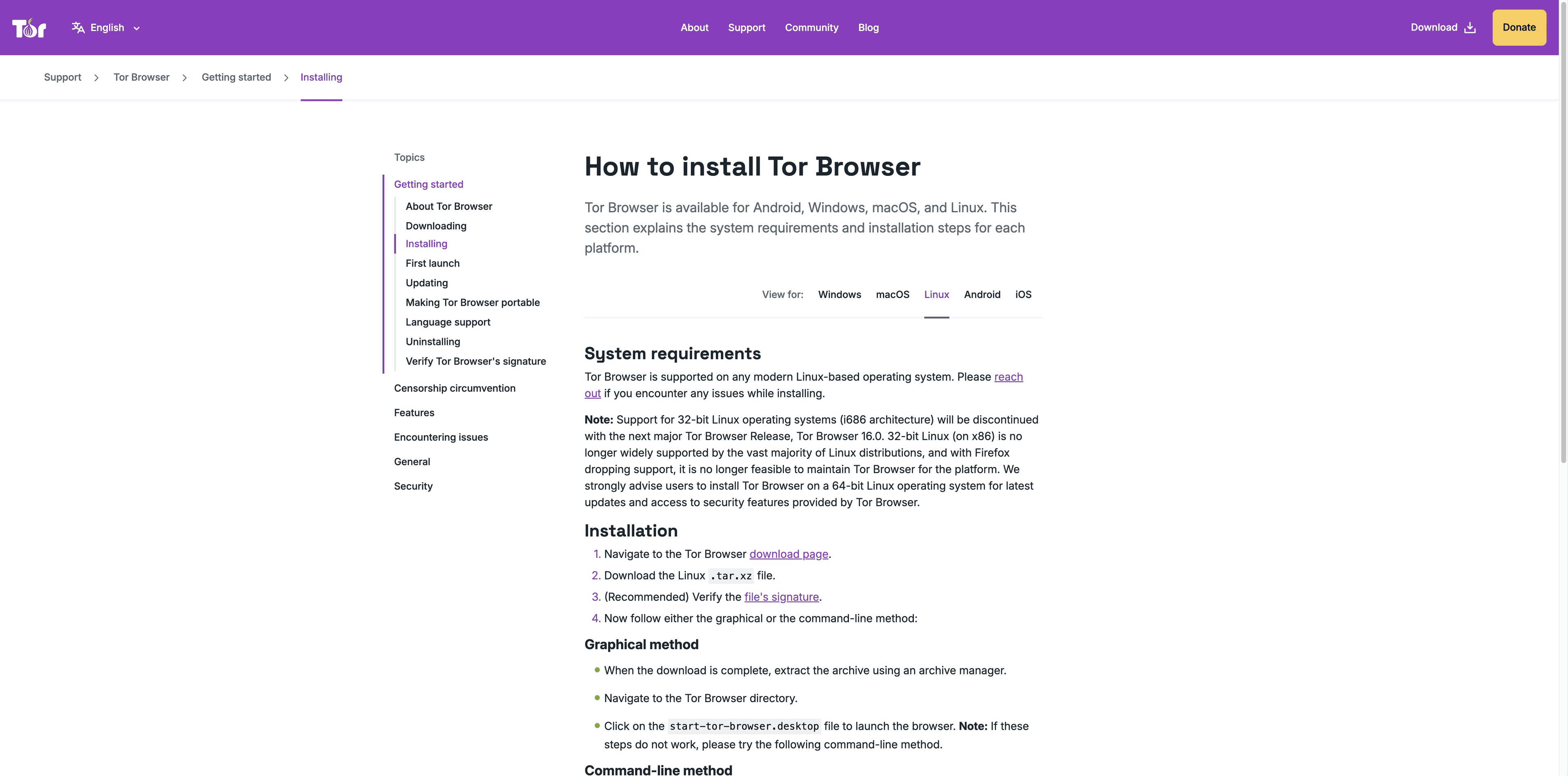 Tor Project Linux installation instructions showing the x86_64 boundary and tarball launch steps