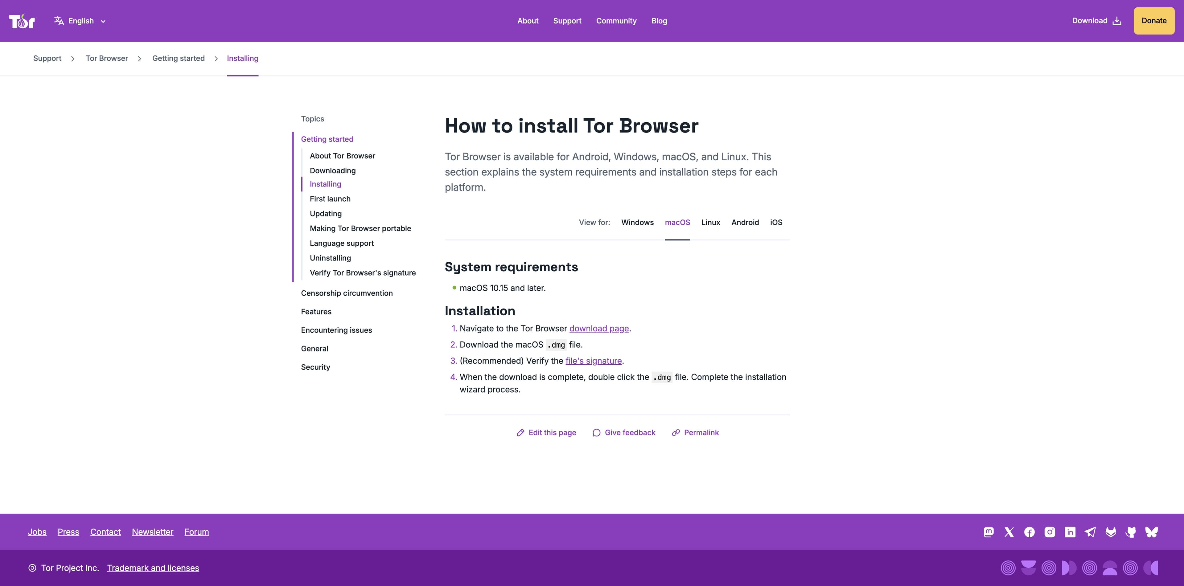 Tor Project installation help with the macOS 10.15 and later requirement and DMG installation steps