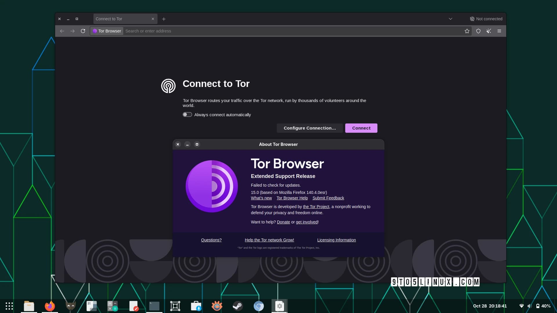 Tor Browser connect screen for routing traffic over the Tor network