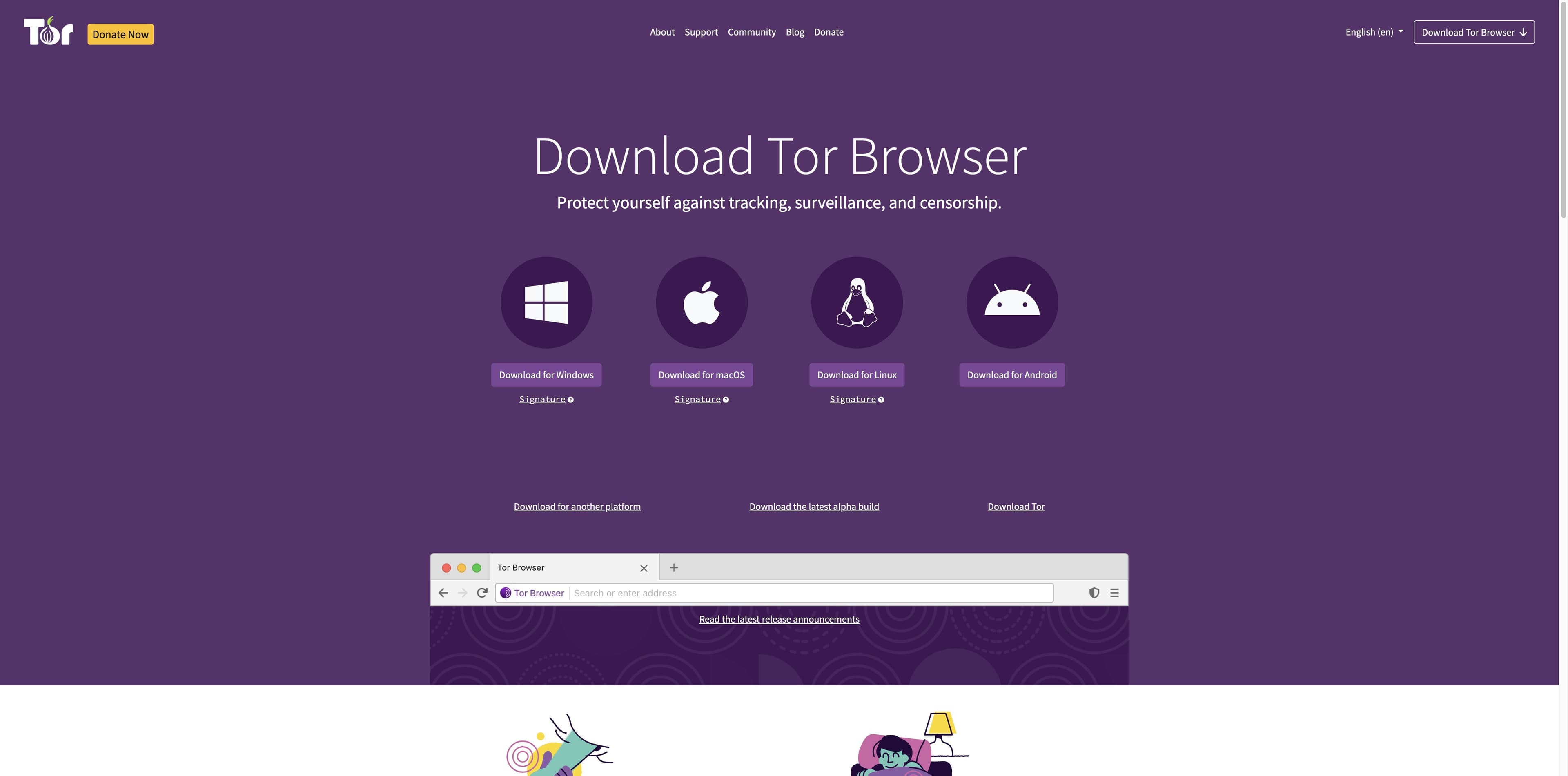 Tor Project official download page showing platform choices and safety guidance