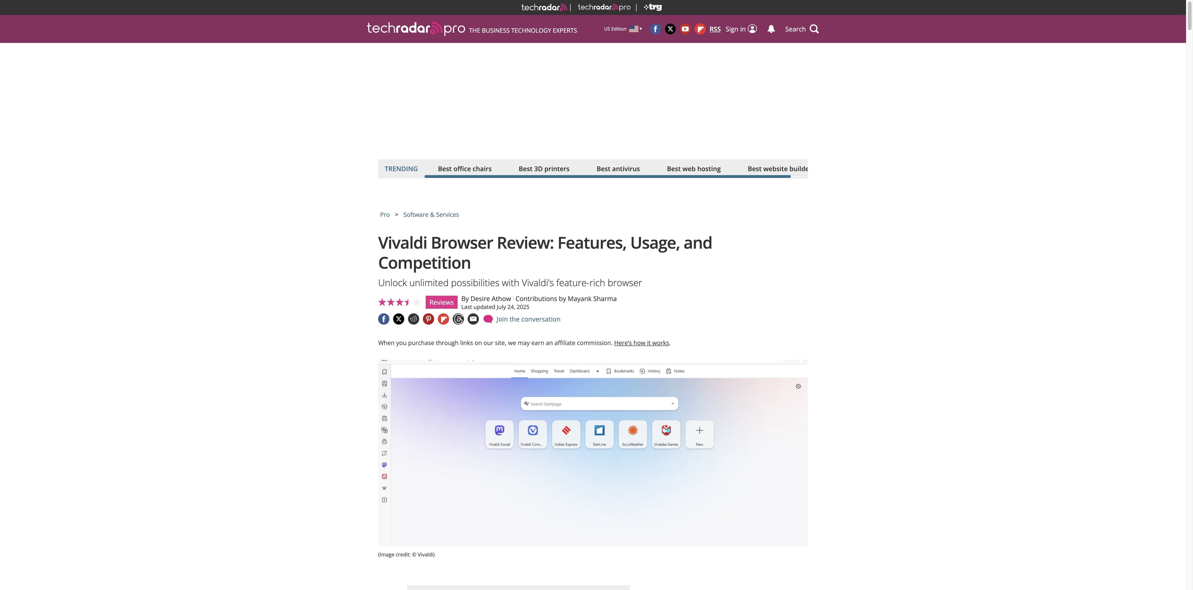 TechRadar Vivaldi review page showing the review headline and a Vivaldi interface screenshot