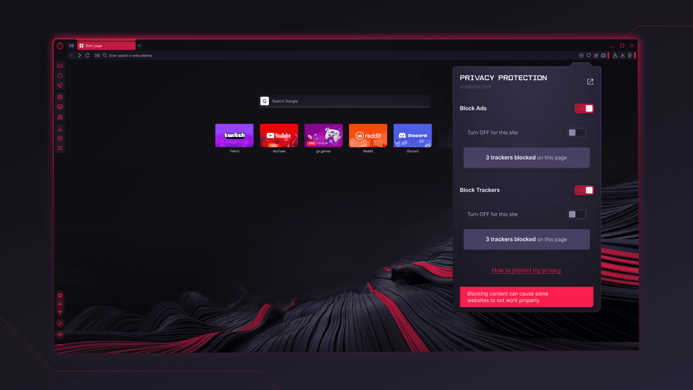 Opera GX start page with the Privacy Protection panel open, showing ad and tracker controls beside the gaming browser interface