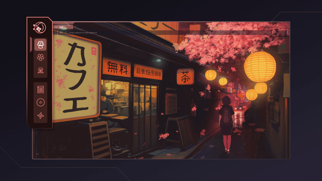 Opera GX browser start page with a custom themed visual skin, Japanese storefront artwork and a vertical GX sidebar