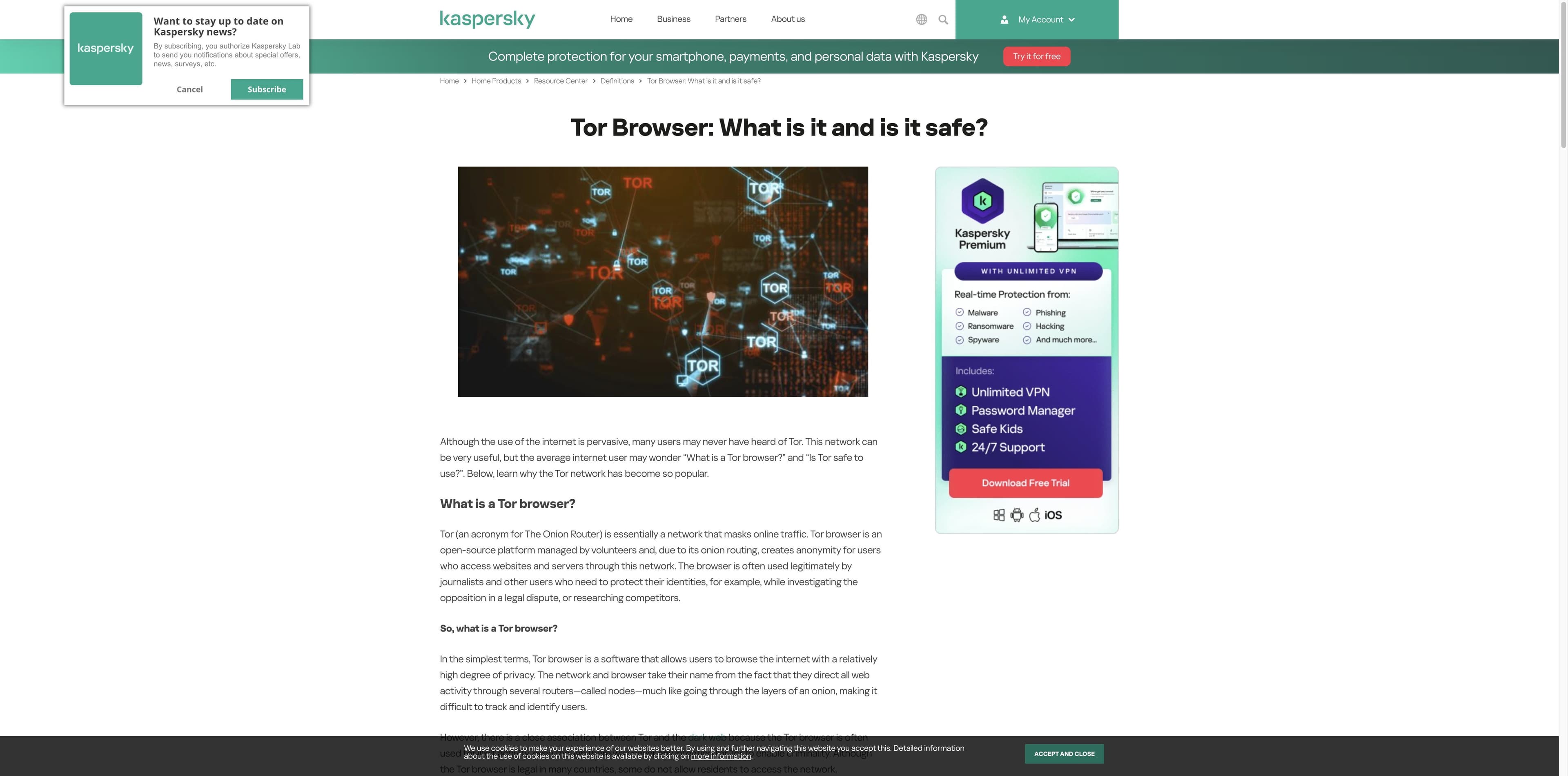 Kaspersky article page titled Tor Browser: What is it and is it safe, with a Tor network illustration