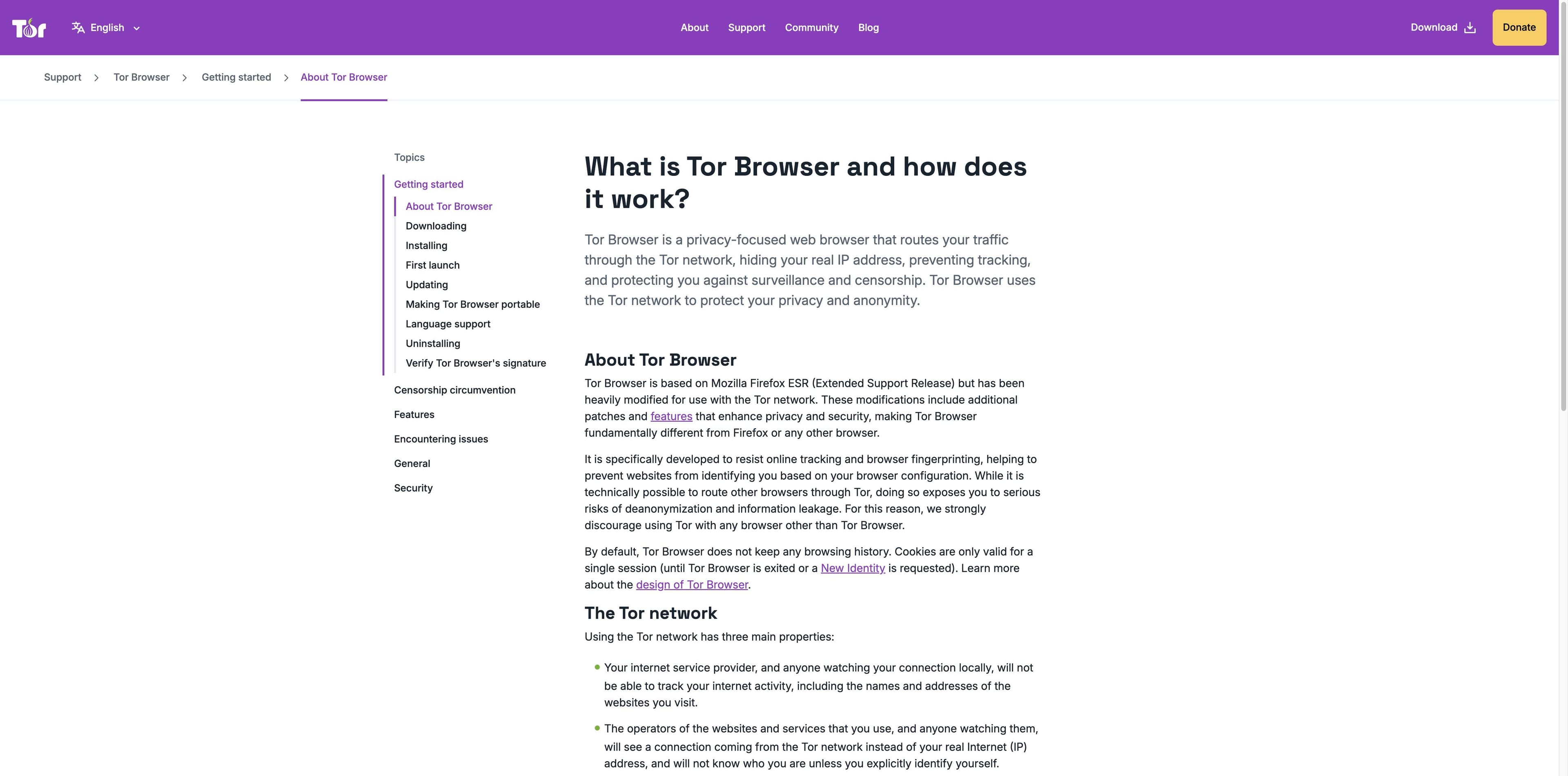 Tor Project support page explaining what Tor Browser is and how the Tor network protects privacy