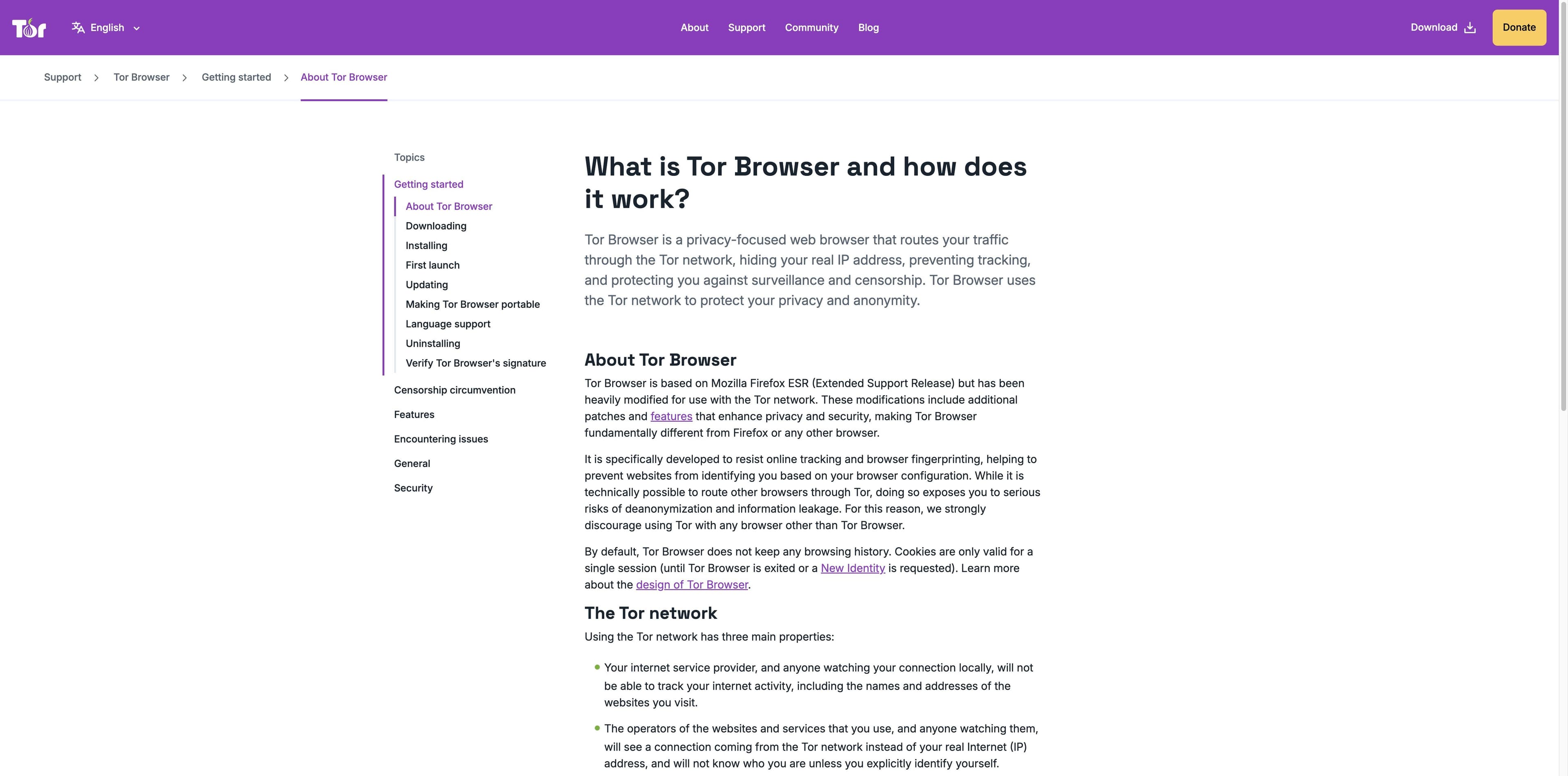 Página de soporte de Tor Project que explica Tor Browser, la red Tor y sus tres relés