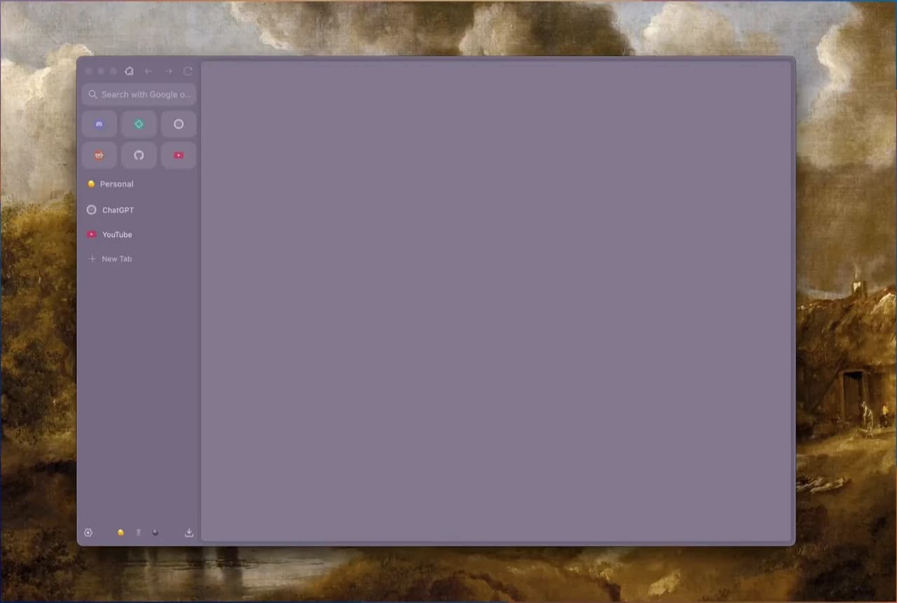 Zen Browser workspace with vertical tabs and workspace icons in the left sidebar