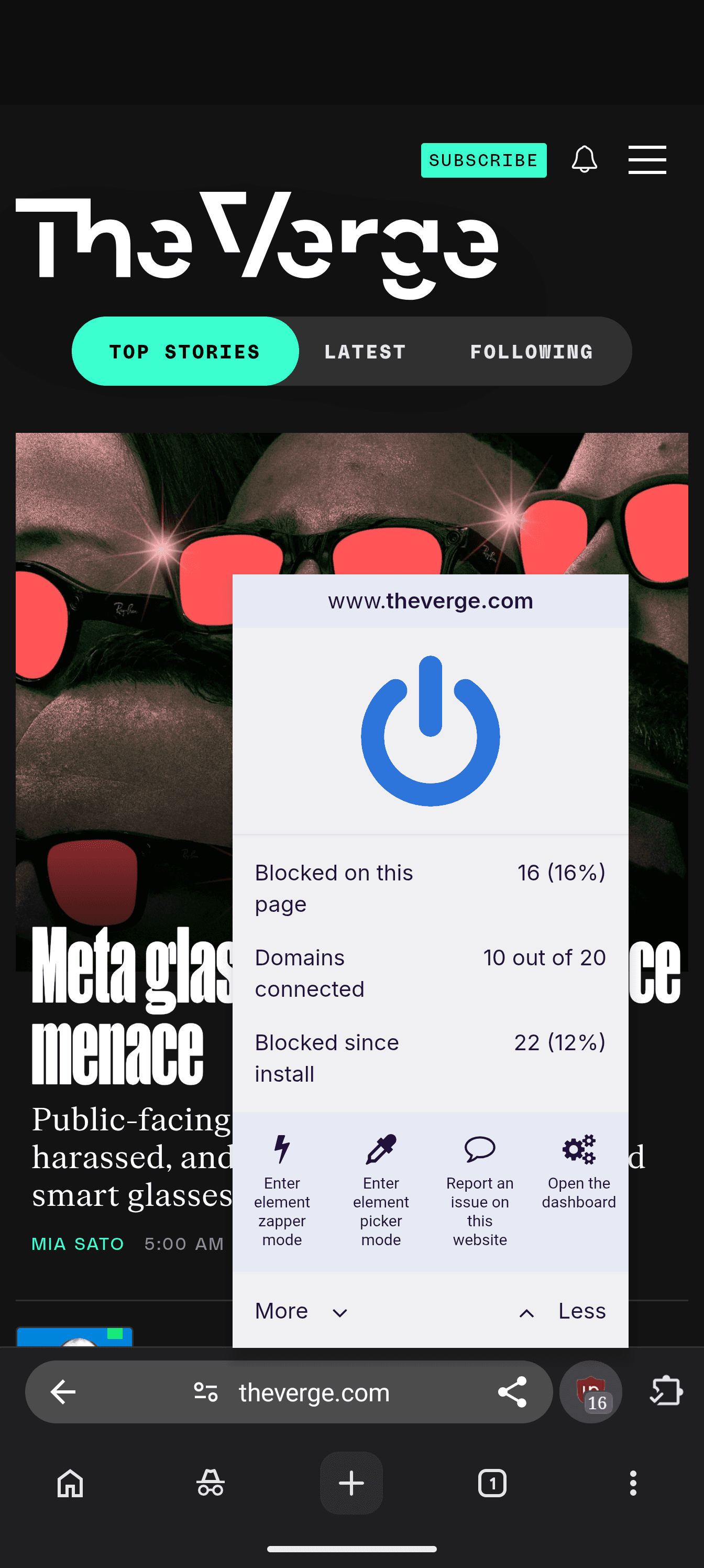 The Verge上に完全版uBlock Originのパネルを開いたBare公式Androidスクリーンショット
