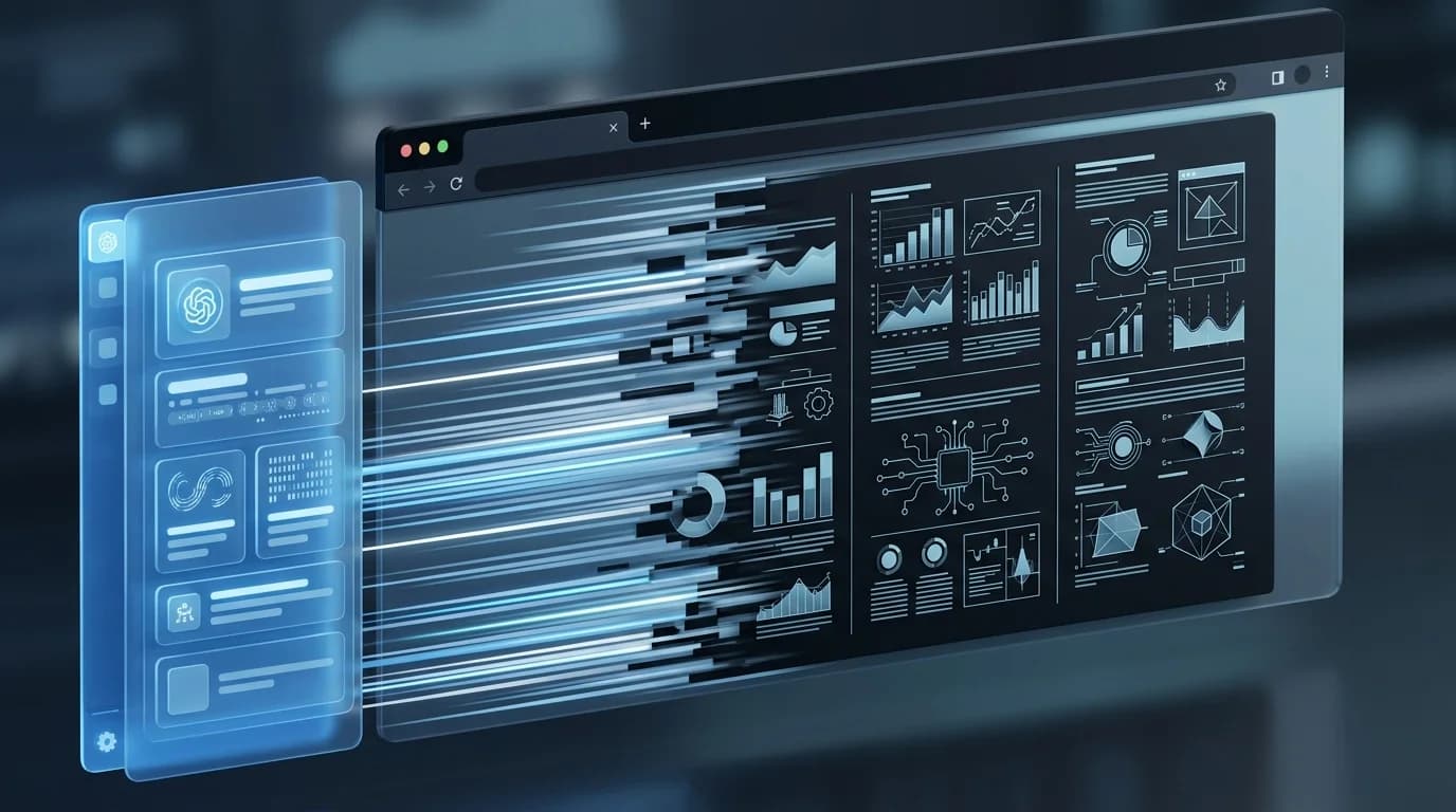 Illustration 3D moderne d'une interface de navigateur affichant des schémas techniques avec un panneau latéral de lecture IA