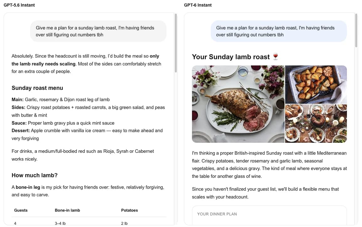 Side-by-side OpenAI demo comparing a GPT-5.6 Instant text answer for a Sunday lamb roast plan with a GPT-6 Instant Intelligent UI answer that has food photos and a dinner plan card