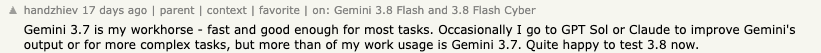 Hacker News comment by handzhiev about Gemini 3.7