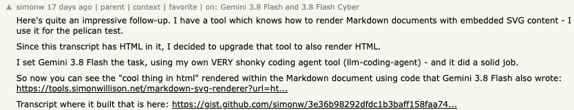 Hacker News: simonw describes an HTML-renderer coding task with Gemini 3.8 Flash.