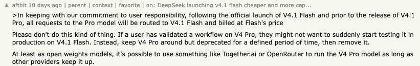 Hacker News comment by aftbit about an earlier DeepSeek Pro routing transition