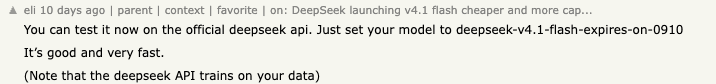 Hacker News comment by eli about a DeepSeek V4.1 Flash preview endpoint