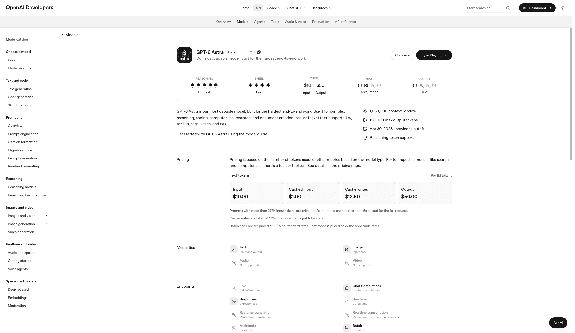 Page du modèle GPT-6 Astra d'OpenAI affichant sa grille de prix par token
