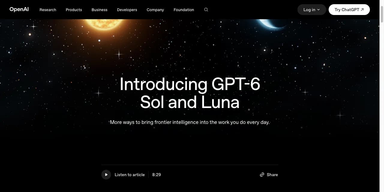 Page d'annonce officielle d'OpenAI pour GPT-6 Sol et Luna, avec le visuel de lancement soleil et lune