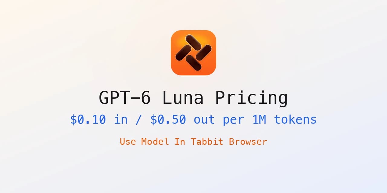 Couverture Tabbit Browser pour les prix de GPT-6 Luna affichant les tarifs de $0.10 en entrée et $0.50 en sortie par million de tokens avec la phrase « Use Model In Tabbit Browser »