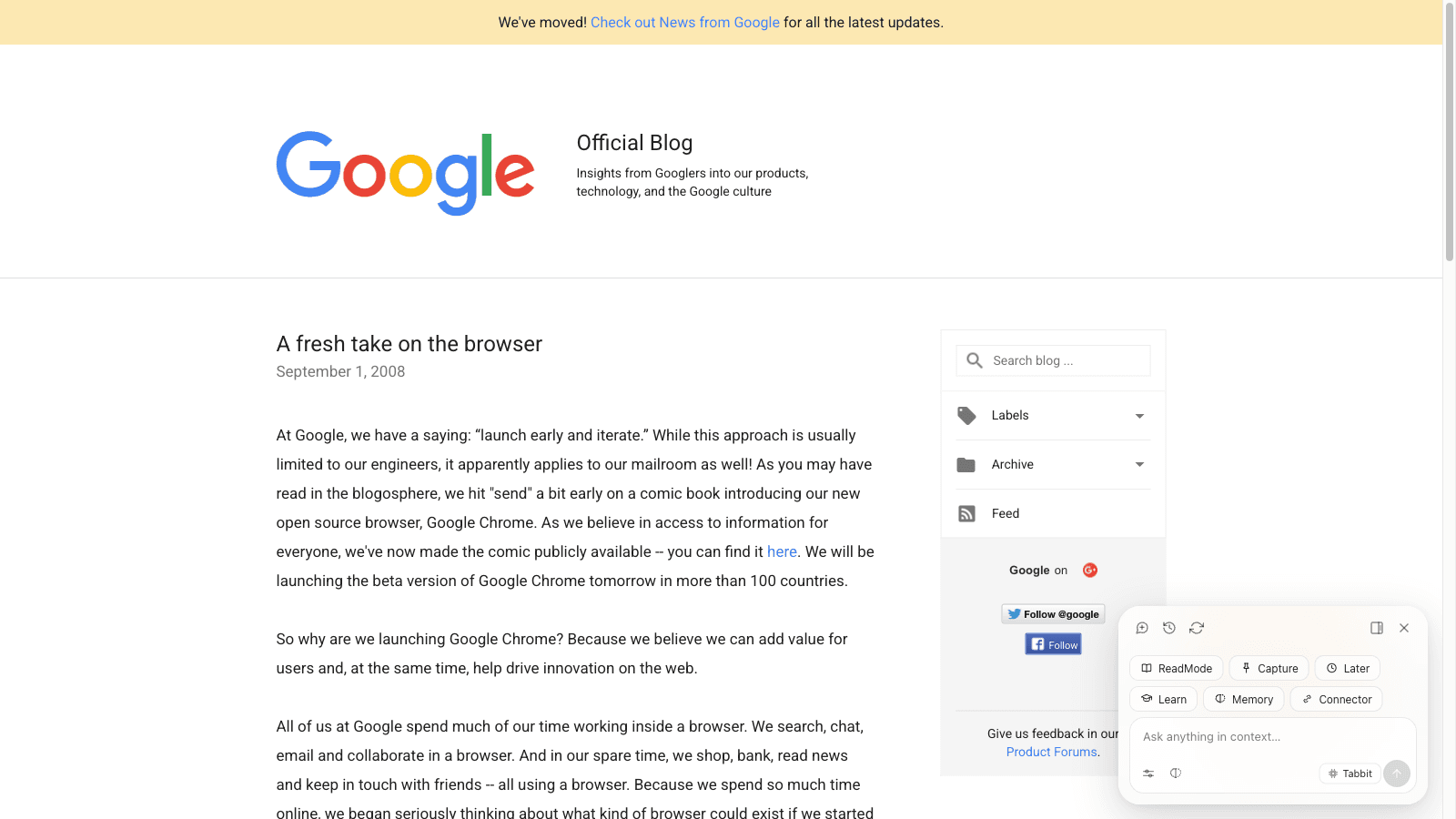 Google's September 2008 official blog post announcing a fresh take on the browser and the Chrome beta