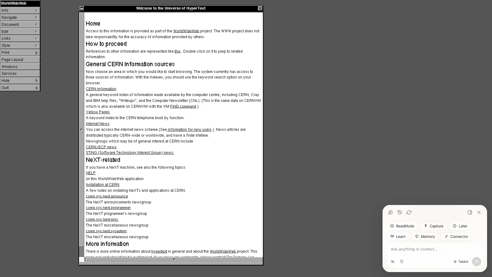 CERN WorldWideWeb simulator showing a monochrome NeXT-style browser window with hypertext links