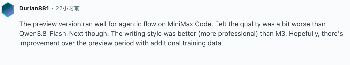Durian881's Reddit comment describing positive agentic-flow experience with the preview in MiniMax Code
