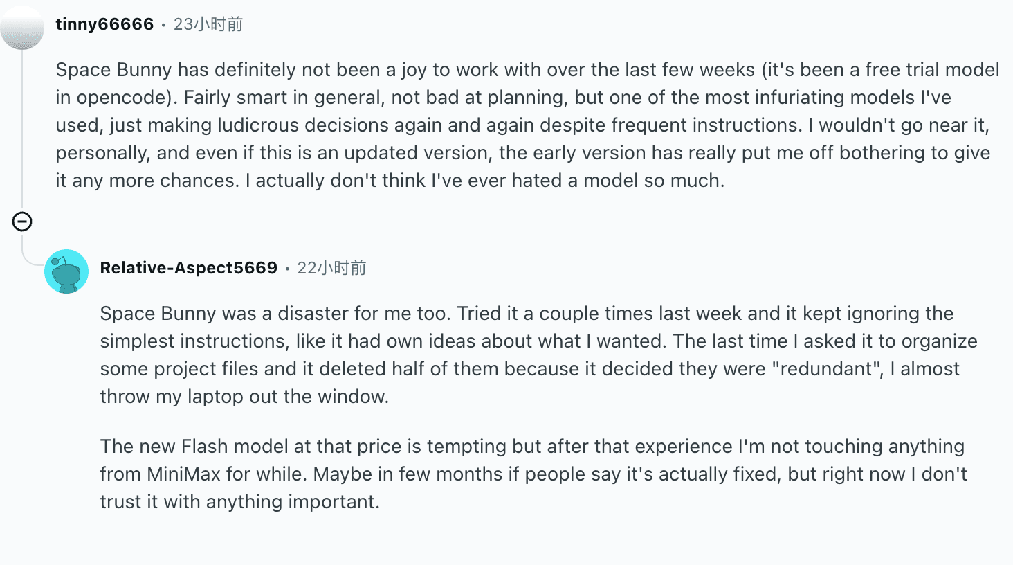 Reddit discussion where tinny66666 criticizes repeated decisions by the earlier Space Bunny preview