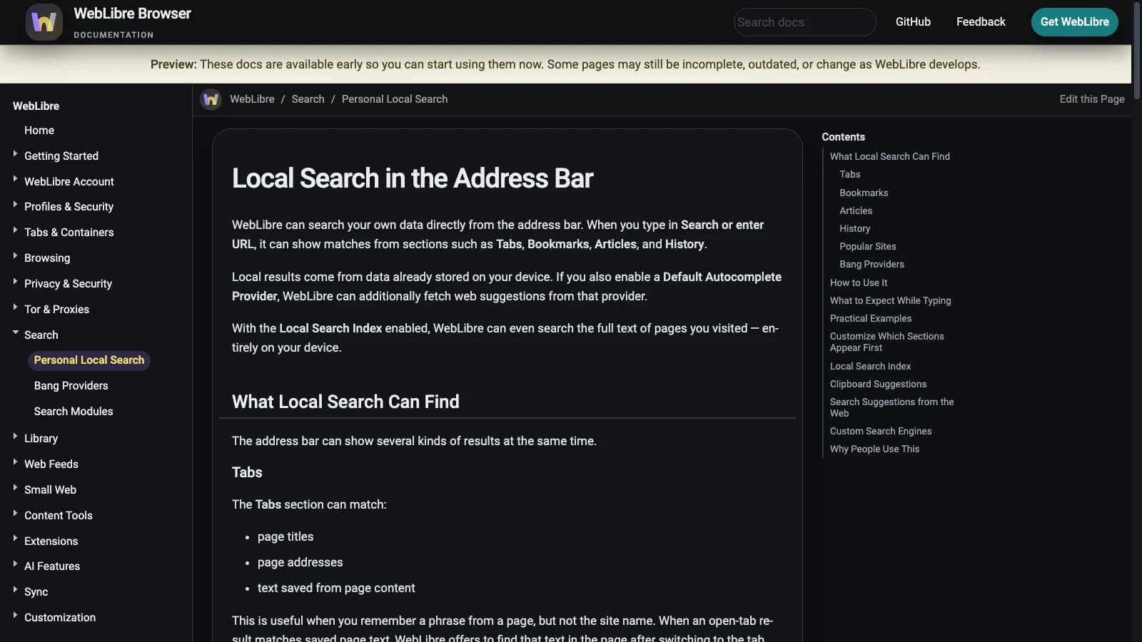 Official WebLibre local search documentation describing tabs, bookmarks, articles, and history