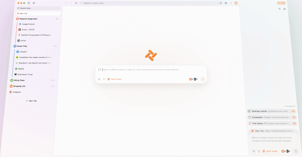 Interface de Tabbit Browser avec espaces verticaux, entrée IA centrale et assistant latéral