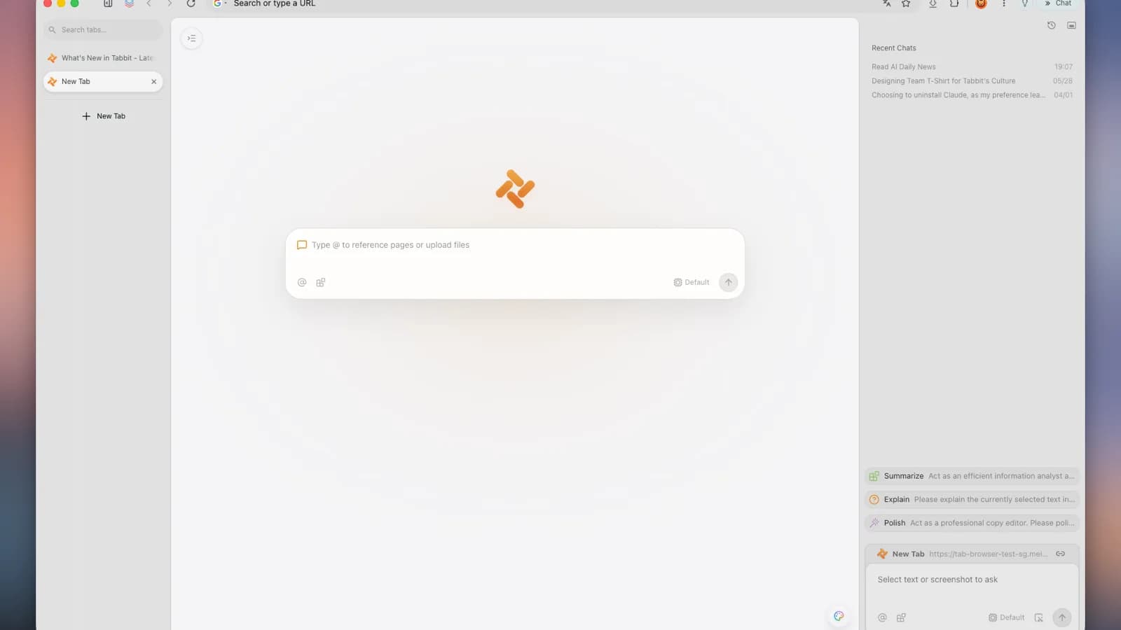 Page nouvel onglet de Tabbit Browser avec la saisie Omnibox au centre