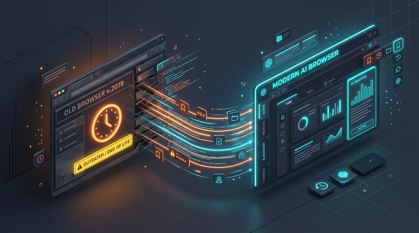 Illustration 3D montrant la migration de données d'un ancien navigateur avec une horloge de maintenance vers un espace de travail moderne avec onglets verticaux et IA
