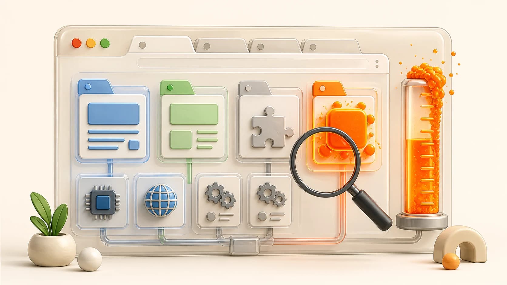 Schéma 3D des processus d'un navigateur avec une loupe sur un module orange qui fait déborder une jauge mémoire