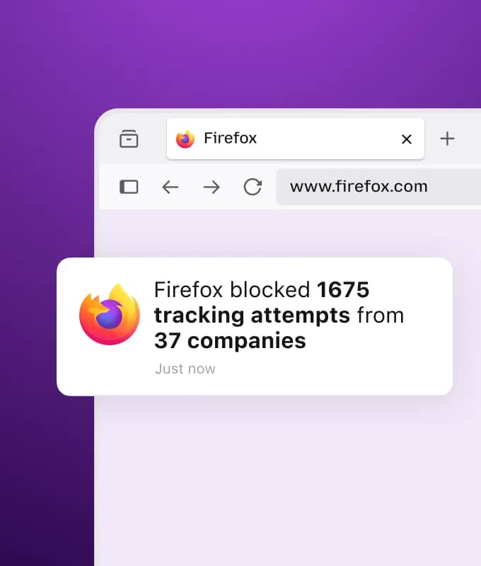 Firefox promotional interface illustrating blocked tracking attempts