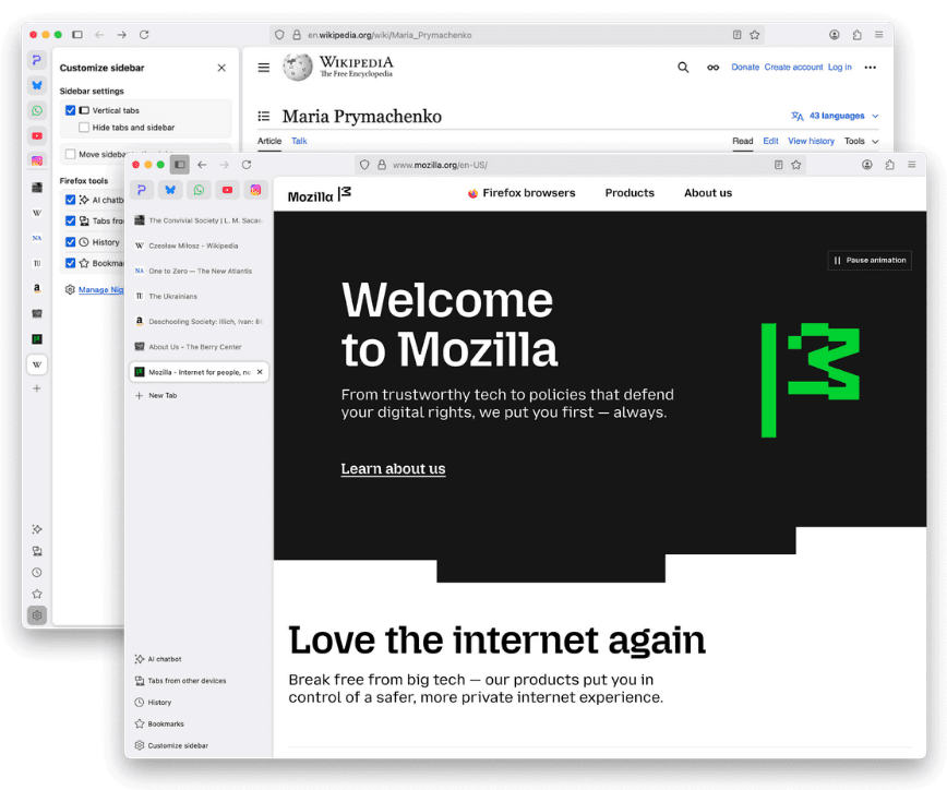 Firefox window with vertical tabs visible in the left sidebar