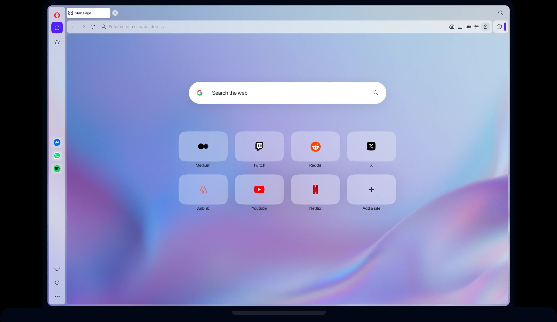 Opera start page with speed-dial shortcuts and messaging sidebar