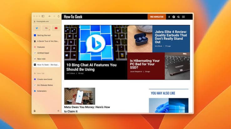 Arc browser with sidebar tabs displaying How-To Geek