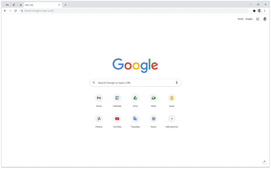 Chrome new tab with Google search and app shortcuts