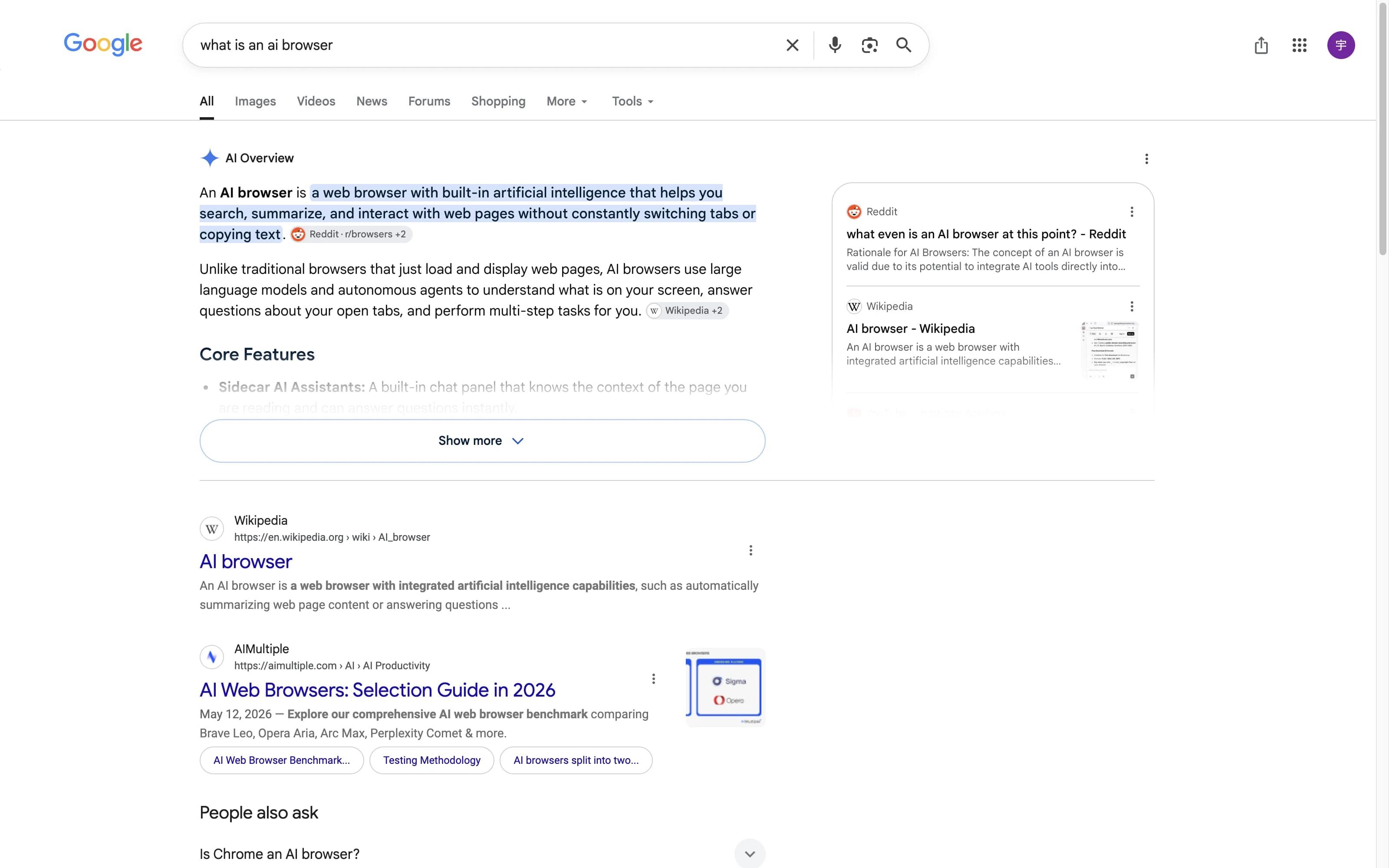 Google search results in Chrome with an AI Overview on top