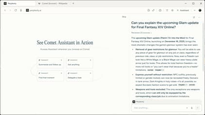 Cross-tab summary and AI research synthesis view in Comet browser