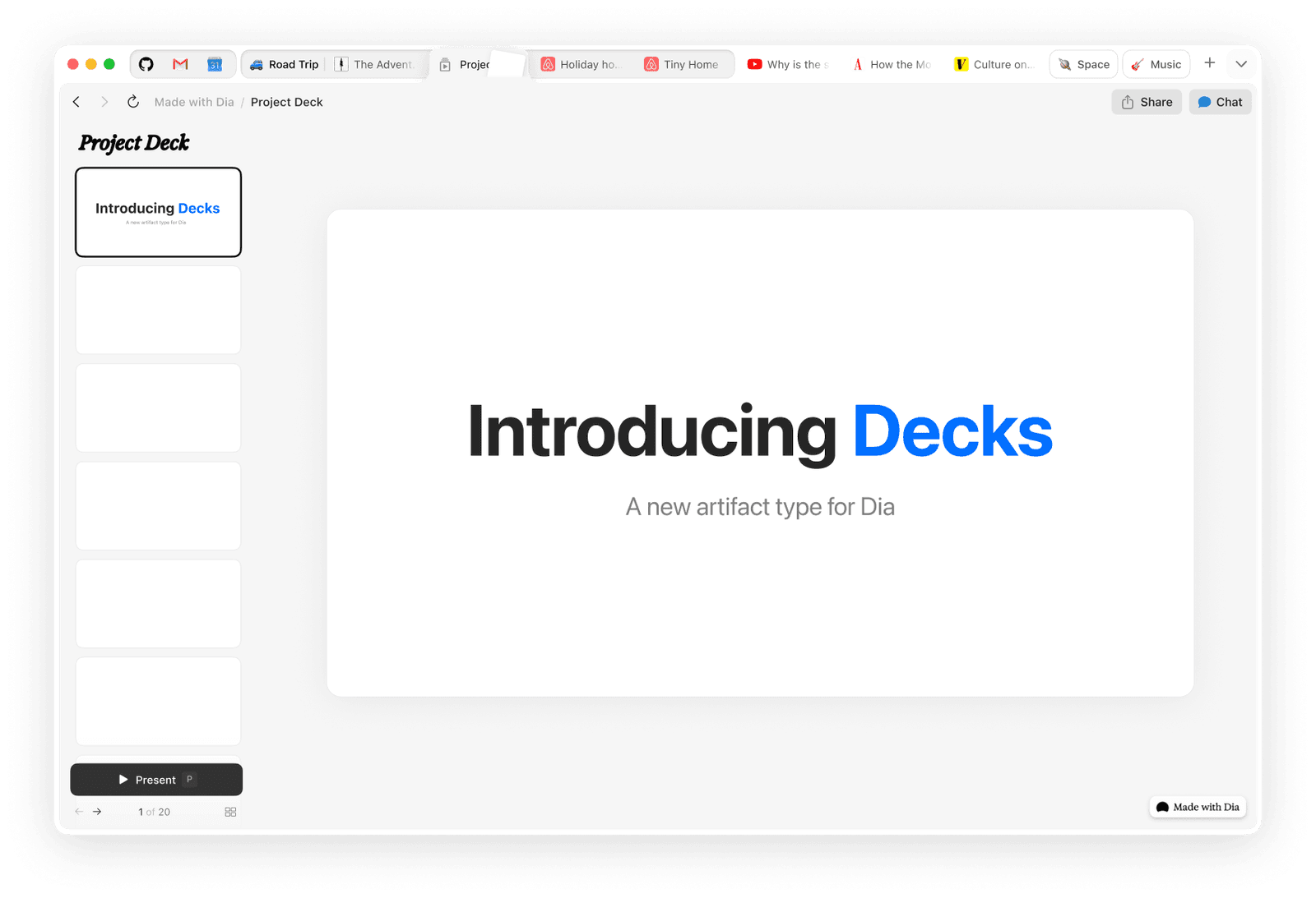 Dia Browser split view showing side-by-side workspace and document layout
